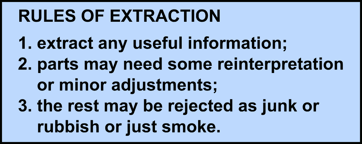 Image:Rules of Extraction: 1. extract any useful information; 
2. parts may need some reinterpretation or minor adjustments; 3. the rest may be rejected as junk or rubbish or just smoke.